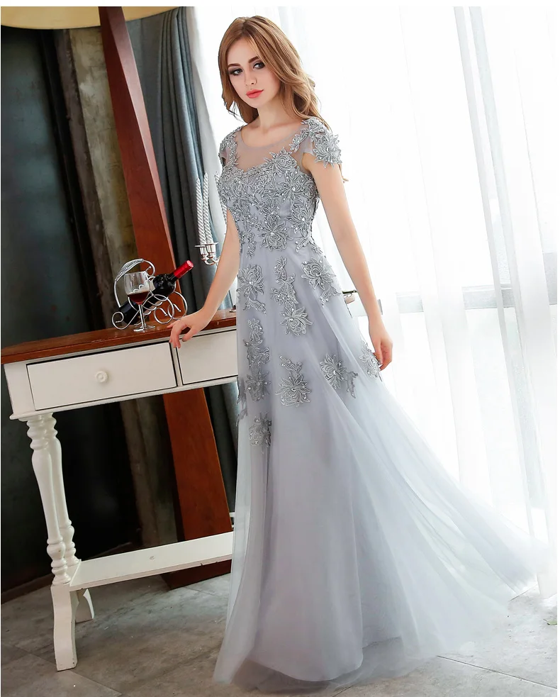 Длинные вечерние платья Princessally 2017 серое кружевное платье с вышивкой элегантное