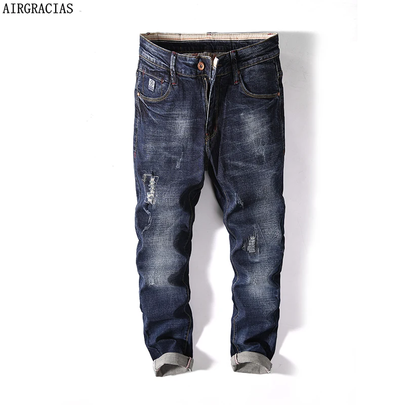 

AIRGRACIAS Brand Quality Mens Jeans Dark Color Denim Cotton Ripped Jeans For Men Fashion Designer Biker Jean Size 28-40