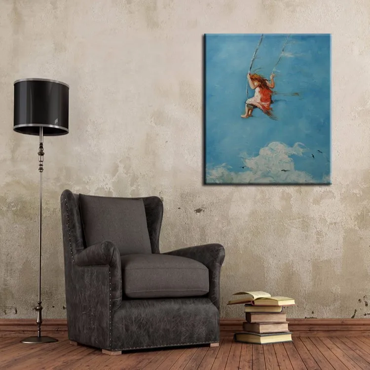 

100%Handpainted High Quality Kids Playing the Swing In Sky Landscape Oil Painting On Canvas For Living Room Wall Art Abstract