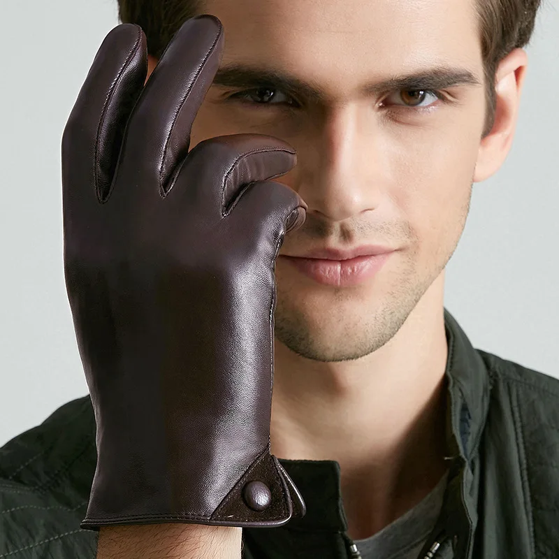 

Genuine Leather Gloves Male Winter Touchscreen Sheepskin Gloves Warm Plus Velvet Short Style Man's Mittens BJM01