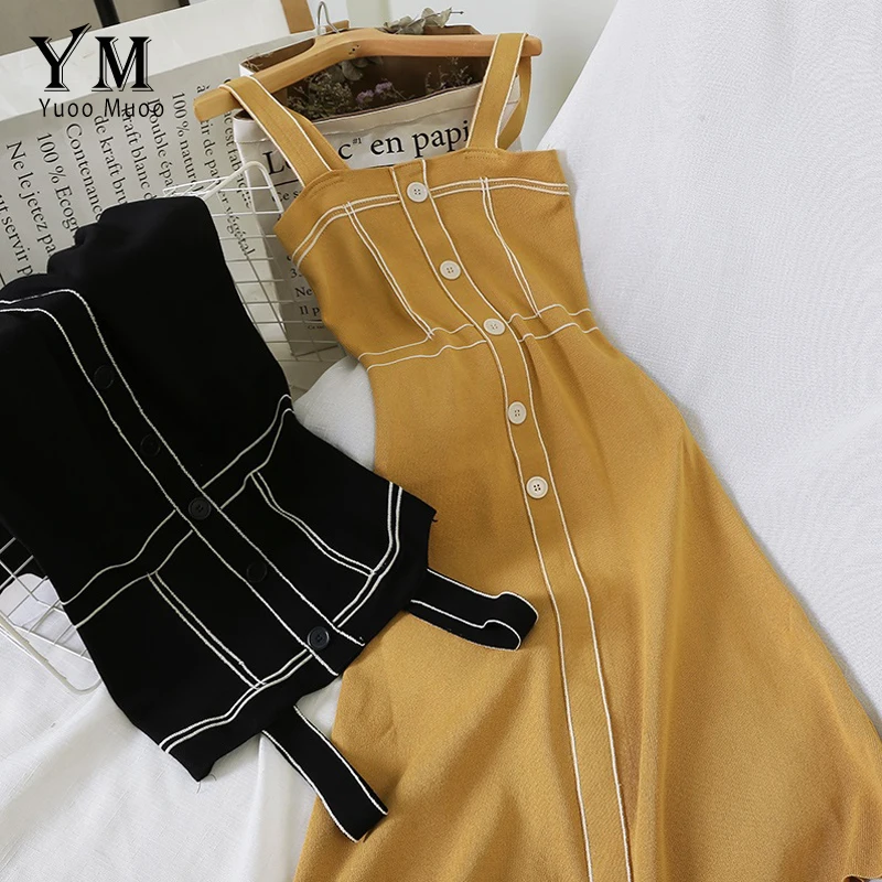 Женское облегающее платье на пуговицах YuooMuoo Черное и желтое длинное бретелях