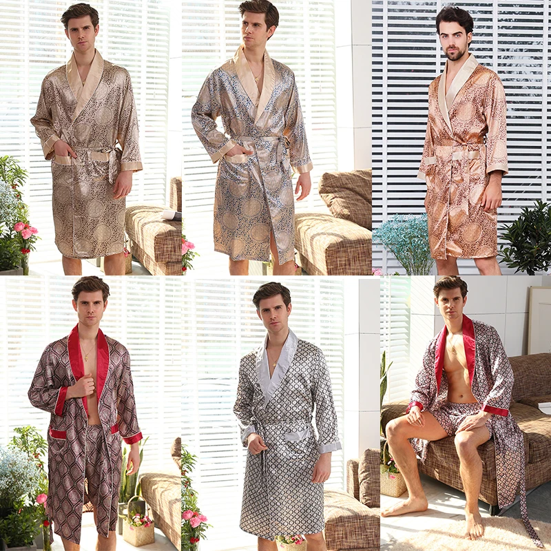 Summer Men's Faux Silk Sleepwear Robe Casual Loose Comfortable Print Kimono Robes Home Clothing Satin Nightly Bathrobes