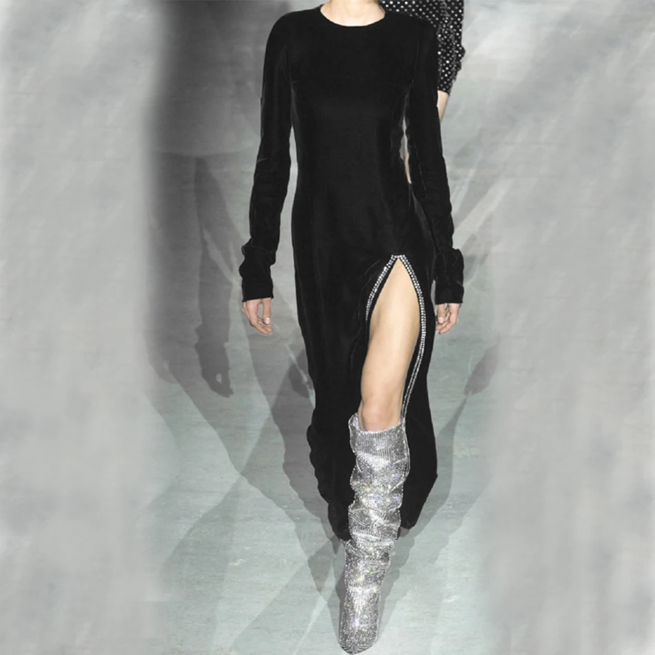 2018 Новое Женское Платье черное бархатное платье для торжеств с круглым вырезом и