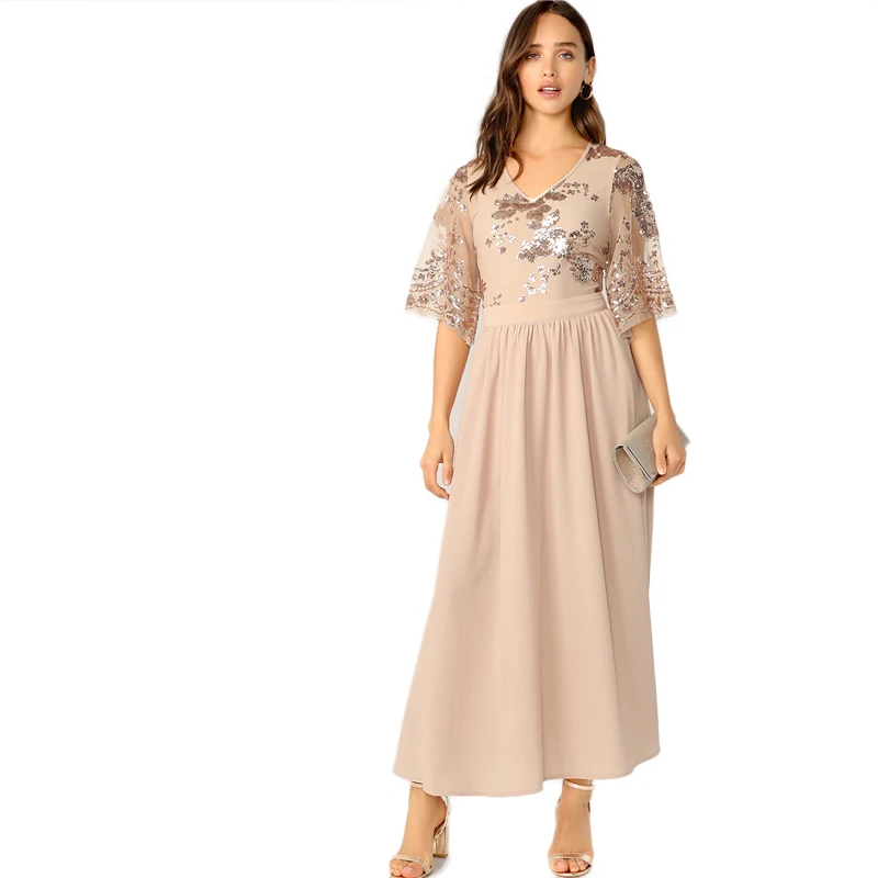 COLROVIE Apricot V Neck Contrast Sequin Mesh Sleeve Flare Party Long Dress Women Summer High Waist Office Ladies Dresses