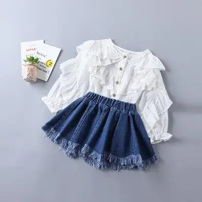 White clothing set Г., весенний комплект одежды для маленьких девочек, летний хлопковый топ с длинными рукавами, пальто+ джинсовая юбка детская одежда для девочек костюм из 2 предметов, От 2 до 6 лет - Цвет: White clothing set