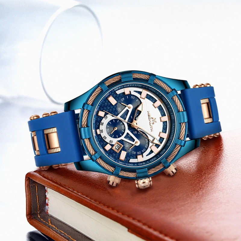 Мужские часы MEGALITH кварцевые с синим силиконовым ремешком