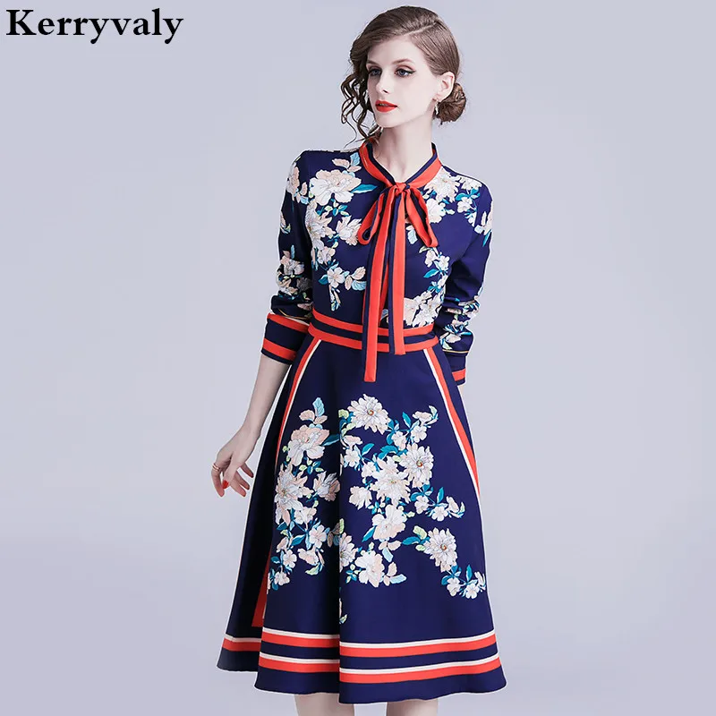 Весеннее женское платье с длинными рукавами в стиле ретро принтом миди Бондо