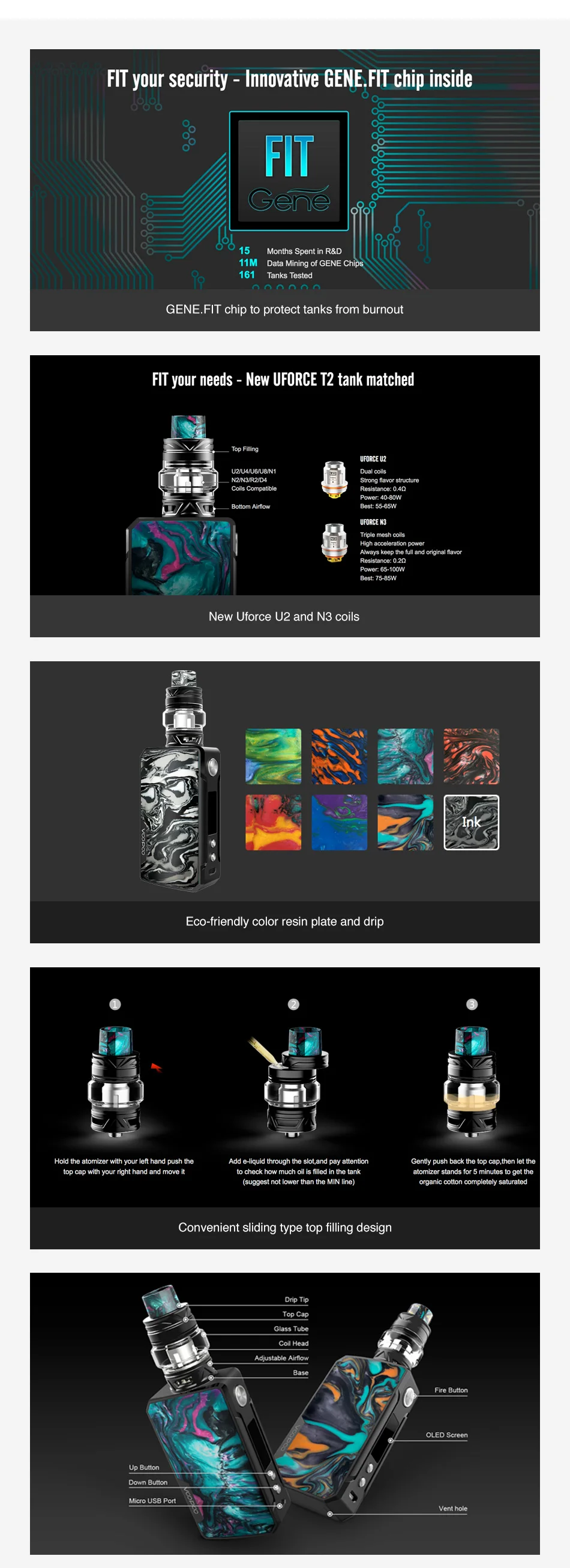 Voopoo Drag 2 TC комплект W/177 Вт Voopoo Drag 2 Коробка мод и 5 мл Uforce T2 SubOhm танк электронная сигарета испаритель Vape комплект