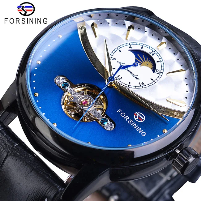 GMT1150-8 Forsining синий турбийон механические часы Мужские автоматические фаза Луны из натуральной кожи часы для деловых мужчин Relogio Masculino - Цвет: GMT1150-8