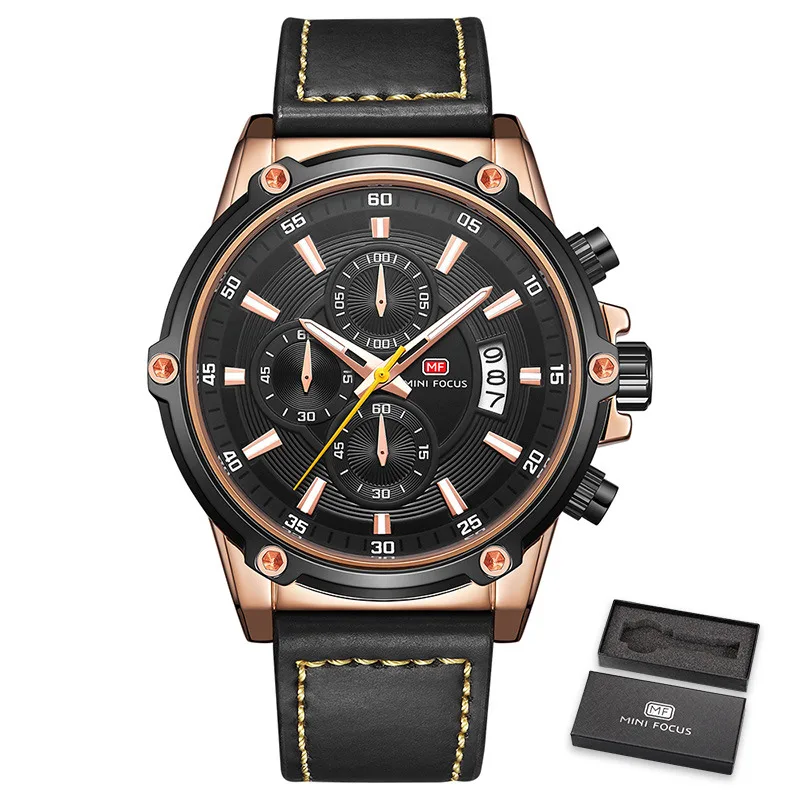 Золотой MINIFOCUS Для мужчин наручные часы Для мужчин Водонепроницаемый Relogio Masculino часы Для мужчин Элитный бренд моды кожаный ремешок Кварцевые наручные часы - Цвет: Золотой