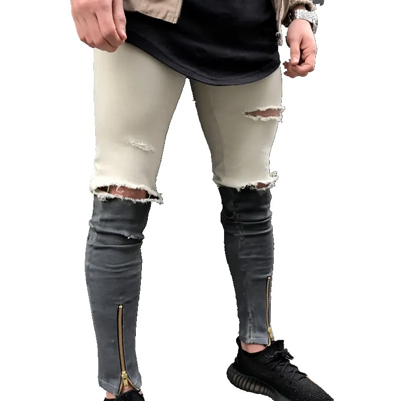 Мужские обтягивающие Подиумные прямые джинсовые штаны на молнии рваные джинсы |