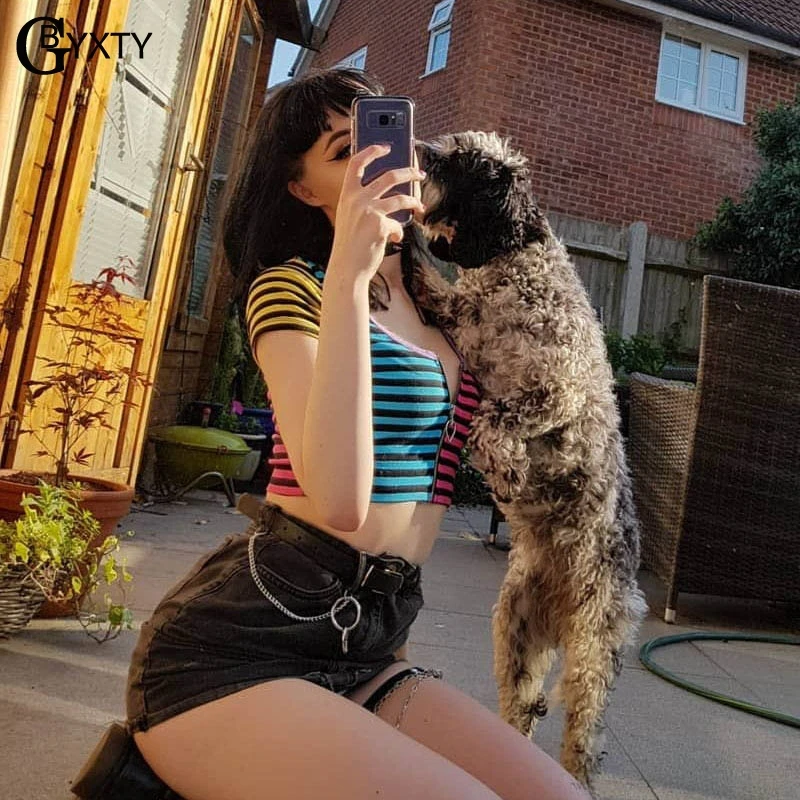 Короткий топ GBYXTY женская летняя футболка с коротким рукавом укороченная в