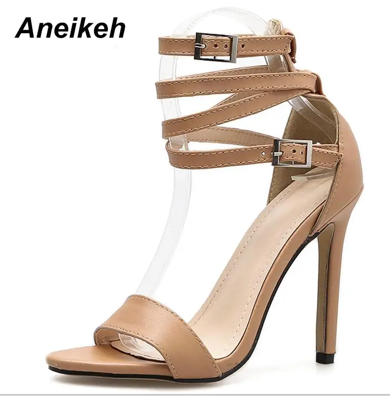 apricot Aneikeh/Новые модные пикантные дизайнерские женские сандалии-гладиаторы с пряжкой на высоком тонком каблуке; черные модельные босоножки из искусственной кожи с открытым носком - Цвет: apricot