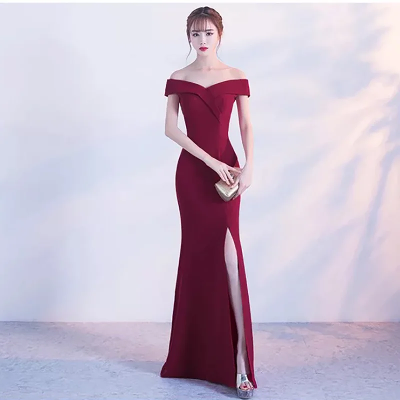 D015 wine off the shoulder floor length side split fashion long summer dress