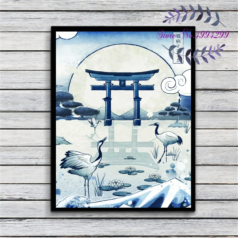 Абстрактное японское винтажное искусство Koi Fuji Crane Torii японский стиль Пейзаж