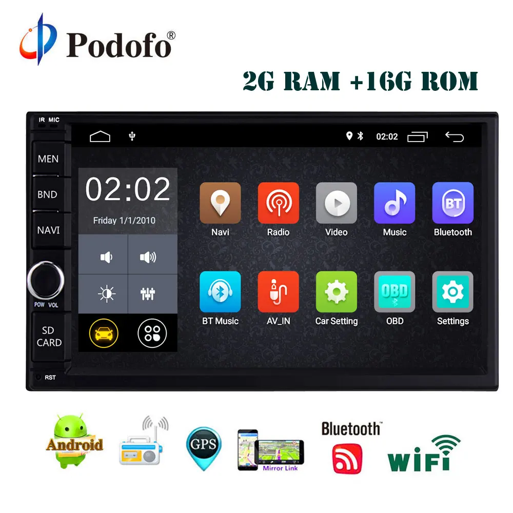 Podofo 2 Din автомобильный радиоприемник gps Android 8 1 Универсальный четырехъядерный 2G 16G