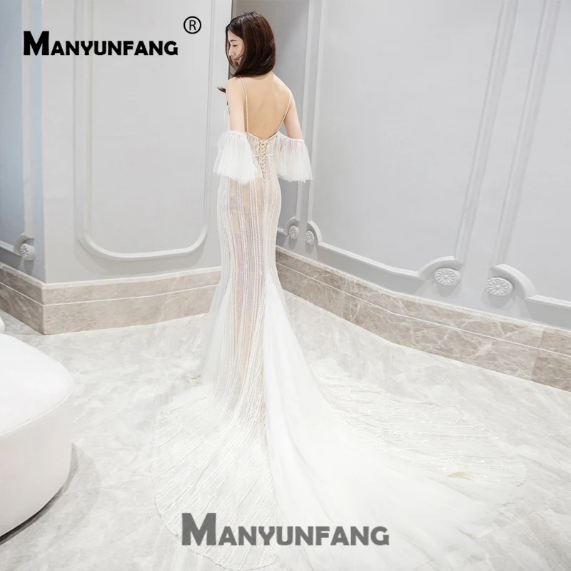 Роскошные сексуальные расклешенные рукава Matrimonio с открытой спиной со шнуровкой Gelinlik Милая шея полный блестки кружева свадебное платье пляж