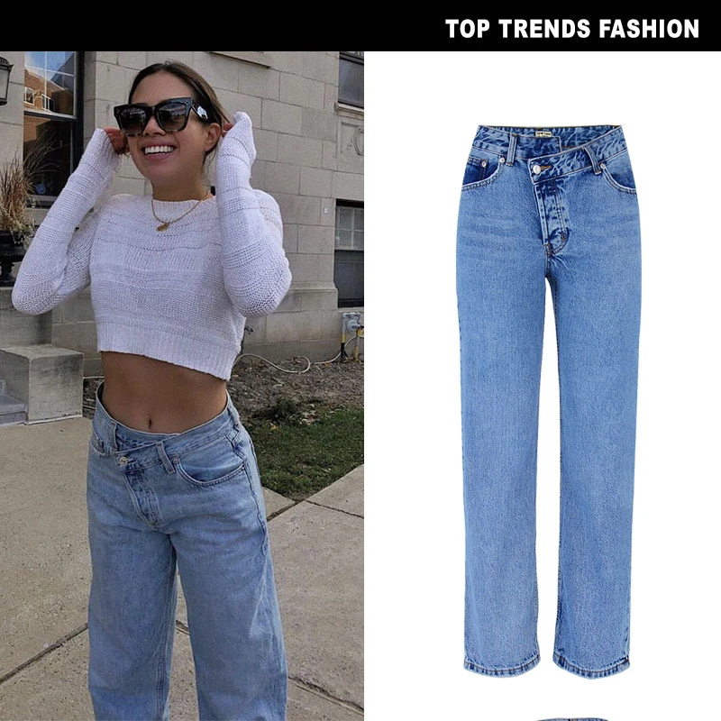 

European and American women fashion high waist loose straight small trumpet denim jeans high and low irregular casual jeans B332