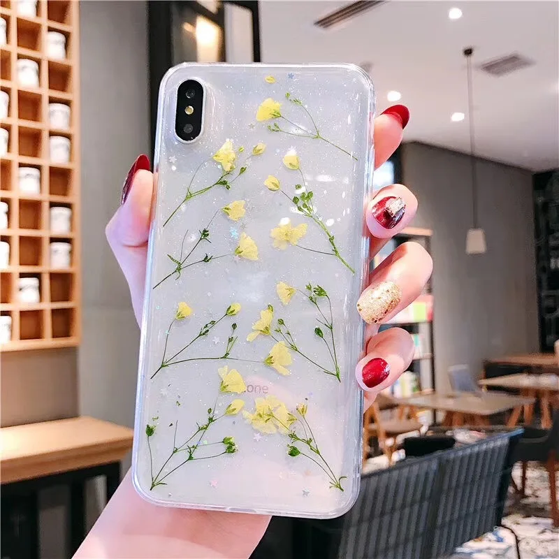 Прозрачный высушенный цветочный блестящий чехол для телефона iPhone 7 8 X XS Max XR 6 6s Plus настоящие цветы задняя крышка Мягкий ТПУ силиконовый чехол