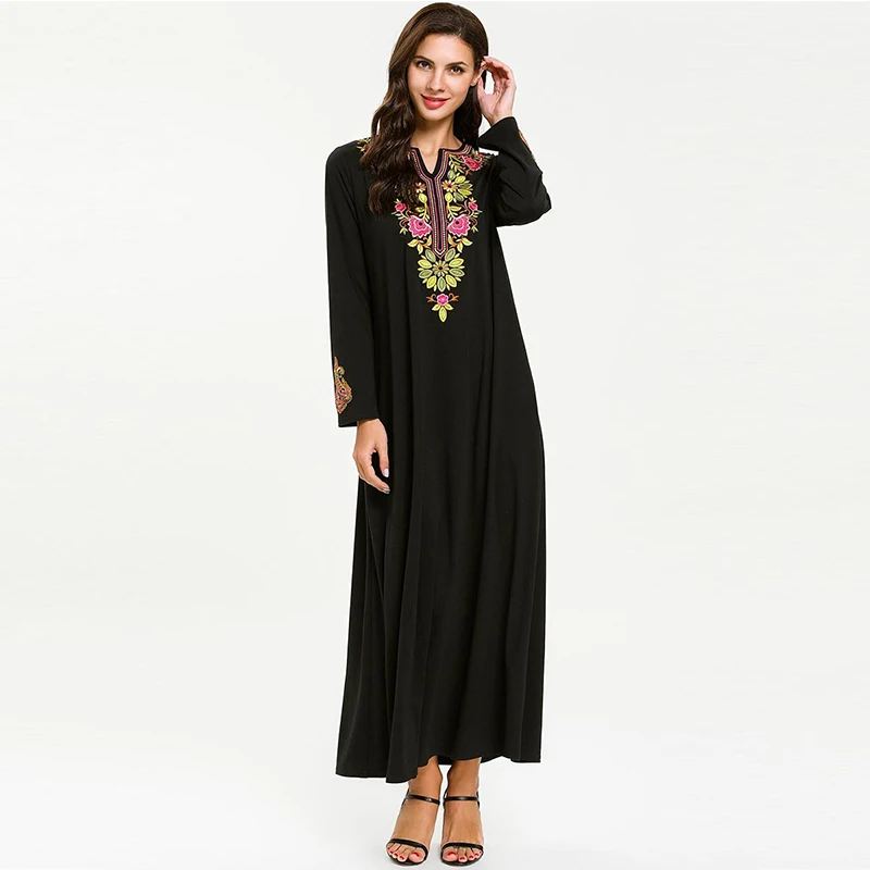 Женское мусульманское платье с цветочной вышивкой Abaya элегантное платье-Кафтан в