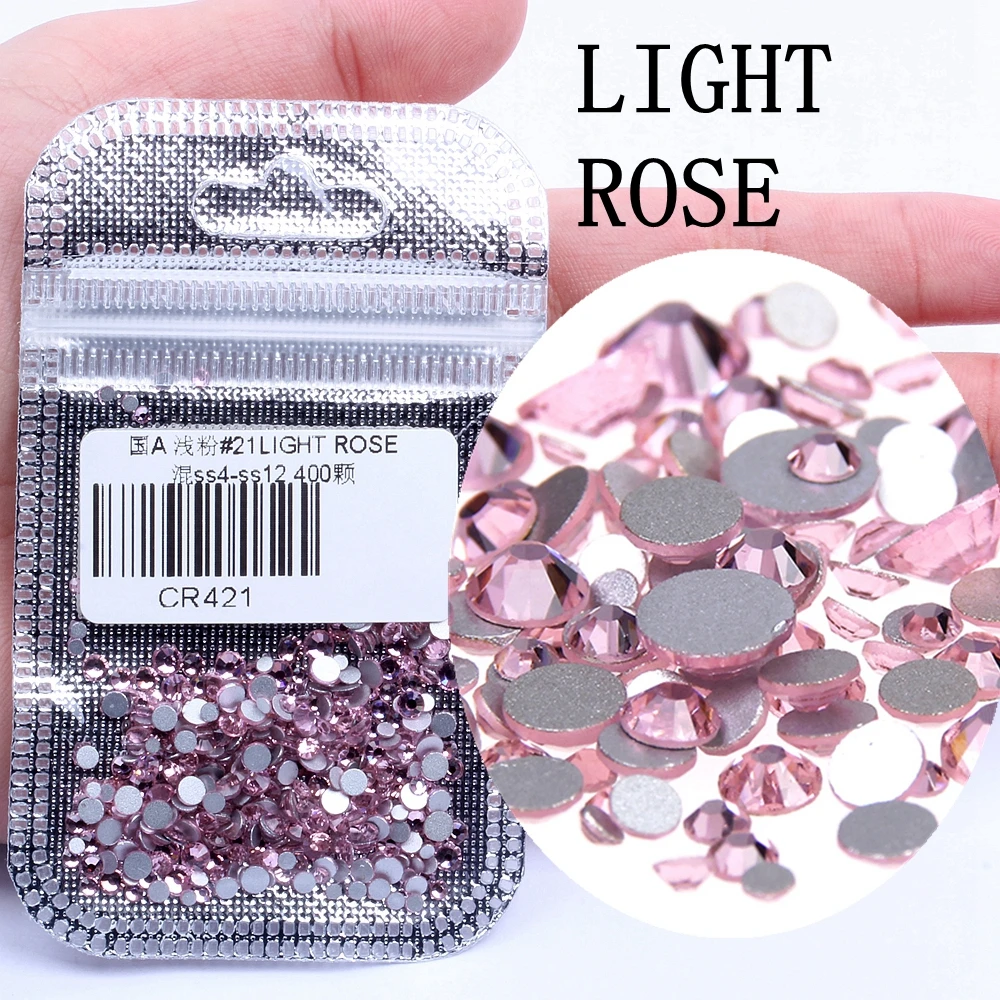 21 LIGHT ROSE 400 шт, 60 цветов, разные размеры, ss4-ss12, для дизайна ногтей, не горячей фиксации, хрустальные стразы, сделай сам, плоские с оборота, 3D стеклянные украшения для ногтей, стразы - Цвет: 21 LIGHT ROSE