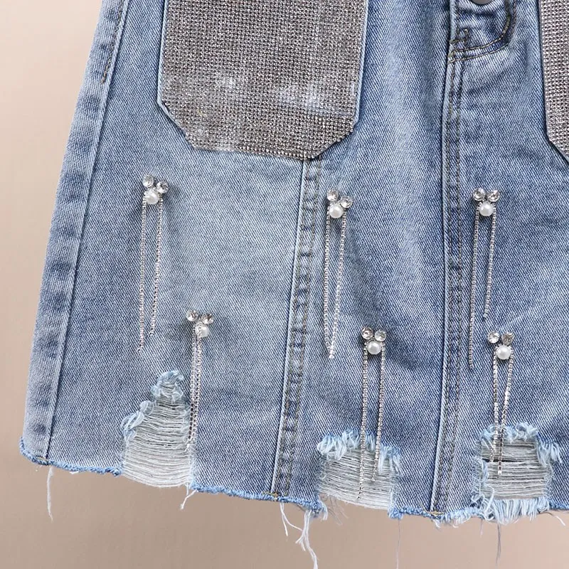 Женская джинсовая юбка с высокой талией рваная со стразами синие джинсовые юбки