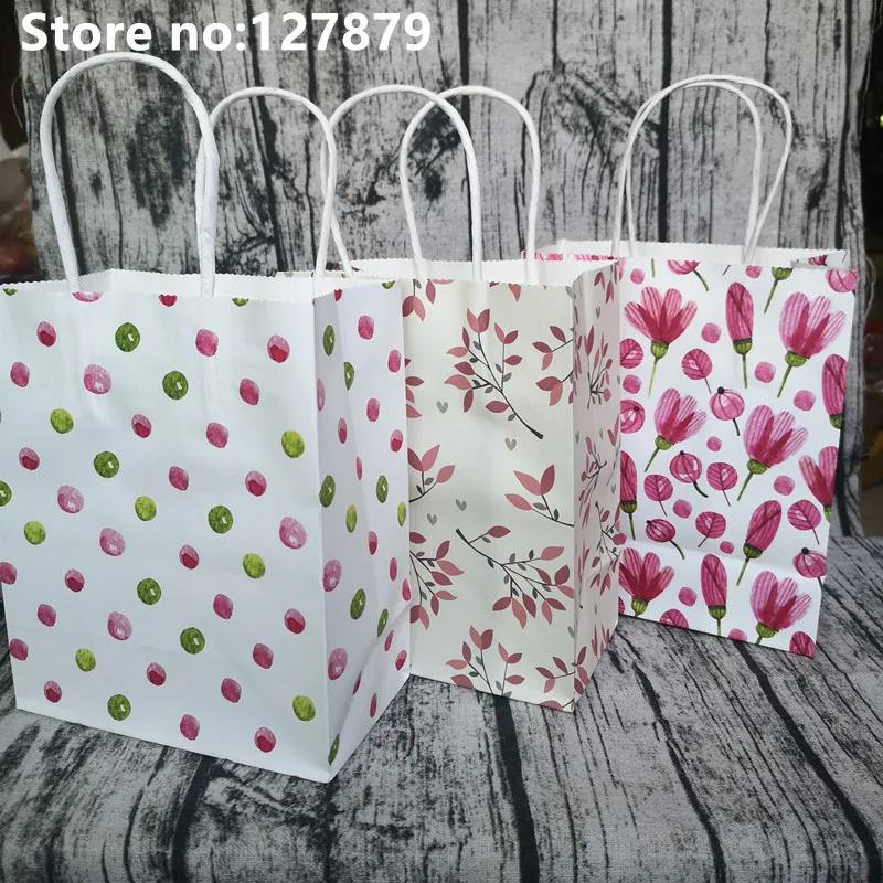 

20pcs Flowers Environment Friendly Kraft Paper Bag With Handle Gift Bag With Handles Recyclable Shop Store Wedding Packaging Bag