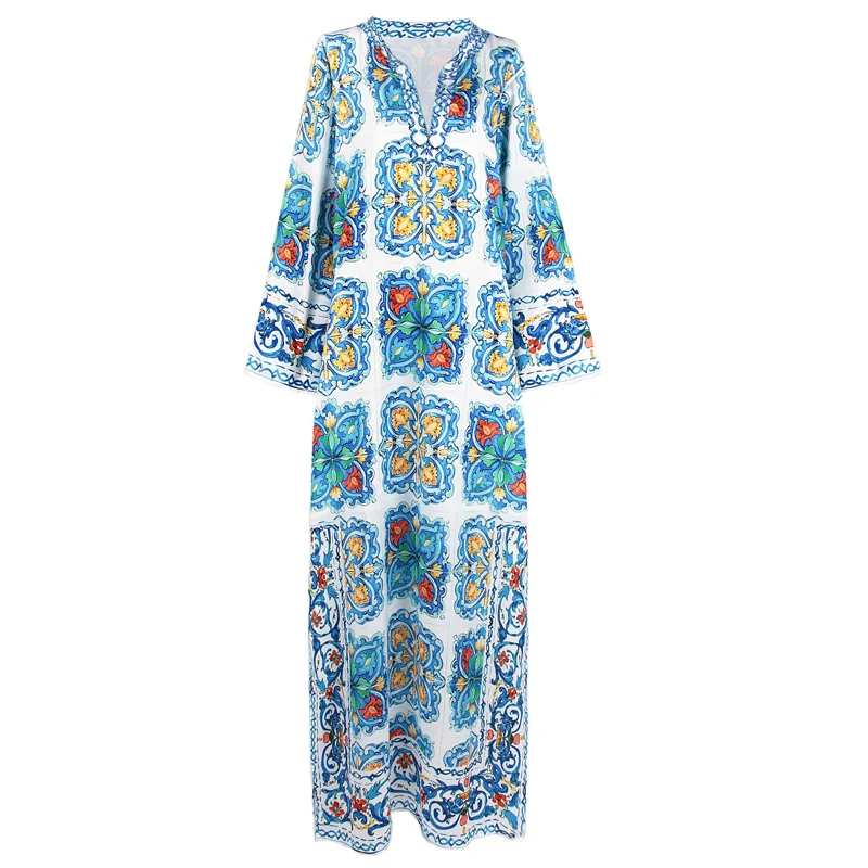 

Women Maxi Dress 2019 Spring Women Long Dress Print Beading Maxi Holiday Beach Dress