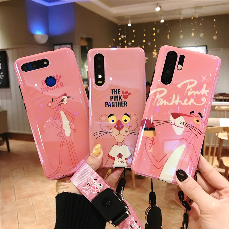 For Huawei P30 pro cute pink panther Soft back phone Cover for P20 mate 20 20X nova4 nova3i V20 Blue Ray cover +Strap |