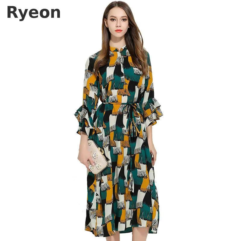 Ryeon Xl 5xl Плюс Размер Повседневная Шифона Платье Высокое Качество Свободные Печати
