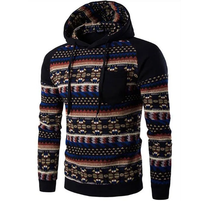 Hooded Men Tops Fashion Geometry Print Stitching Sweatshirts Slim Men's for Hoodies | Мужская одежда