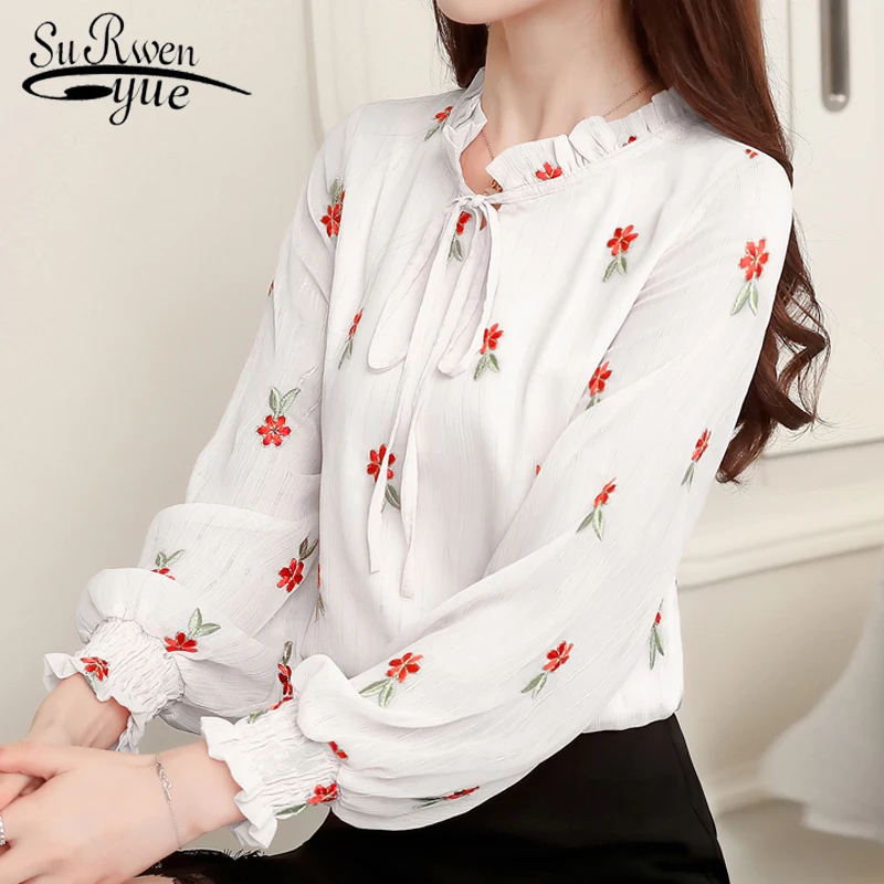 sweet floral embroidery chiffon blouse shirt fashion woman blouses 2019 long sleeve solid white pink top femlae blusa 0967 40 |