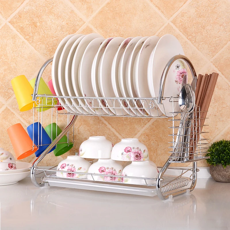 2 Tiers Dish Drying Rack Holder Basket Plated Iron Kitchen Washing Sink Dish Drainer Drying Rack Knife Bowl Organizer 08164