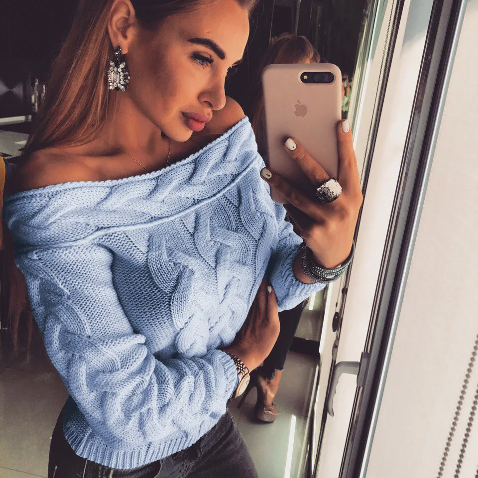 

AIUJXK Fashion Sweater Women Autumn Winter 2019 Long Sleeve Off Shoulder Twist Pull Pullovers Female Casua Knitted Pink Jumper