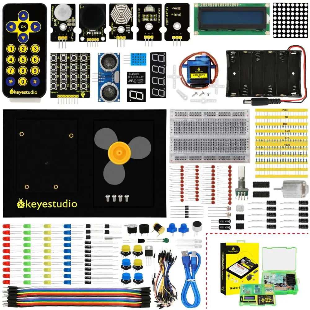 

Keyestudio Maker Learning Kit/Starter Kit(NO UNOR3 Board) For Arduino Starter W/Gift BOX+UNO Platform +1602 LCD+Servo+LEDs+PDF