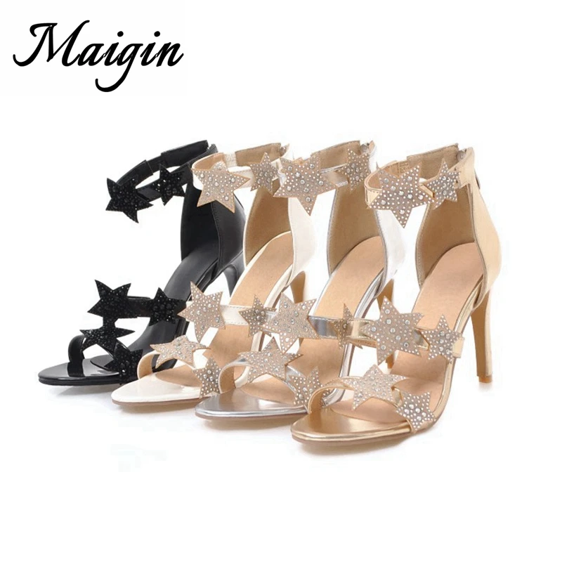 Maigin Fetidh женские босоножки на высоком каблуке 2018 Новый Bling Звезды обувь с открытым