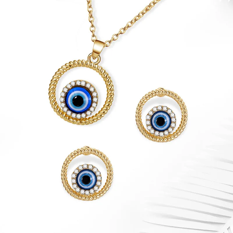 2019 New Design Women Jewelry Sets Rhinestone Blue Eye Patten Pendant Necklace Earrings Elegant Party Gift | Украшения и