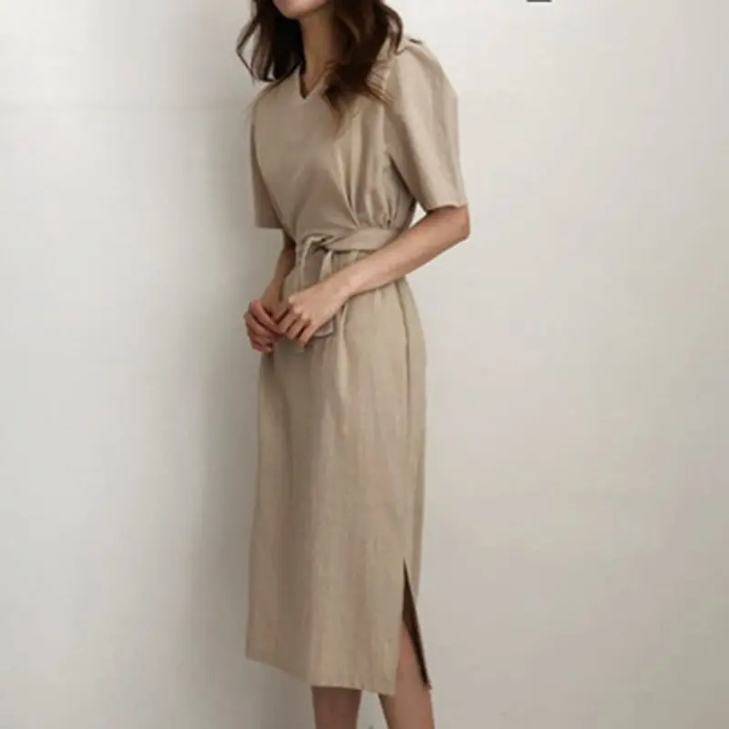 Elegant Vintage Korean Style White Chic Summer Women Midi Dresses Straight Plain Lace Up Split Khaki Female OL Lady Retro Dress | Женская