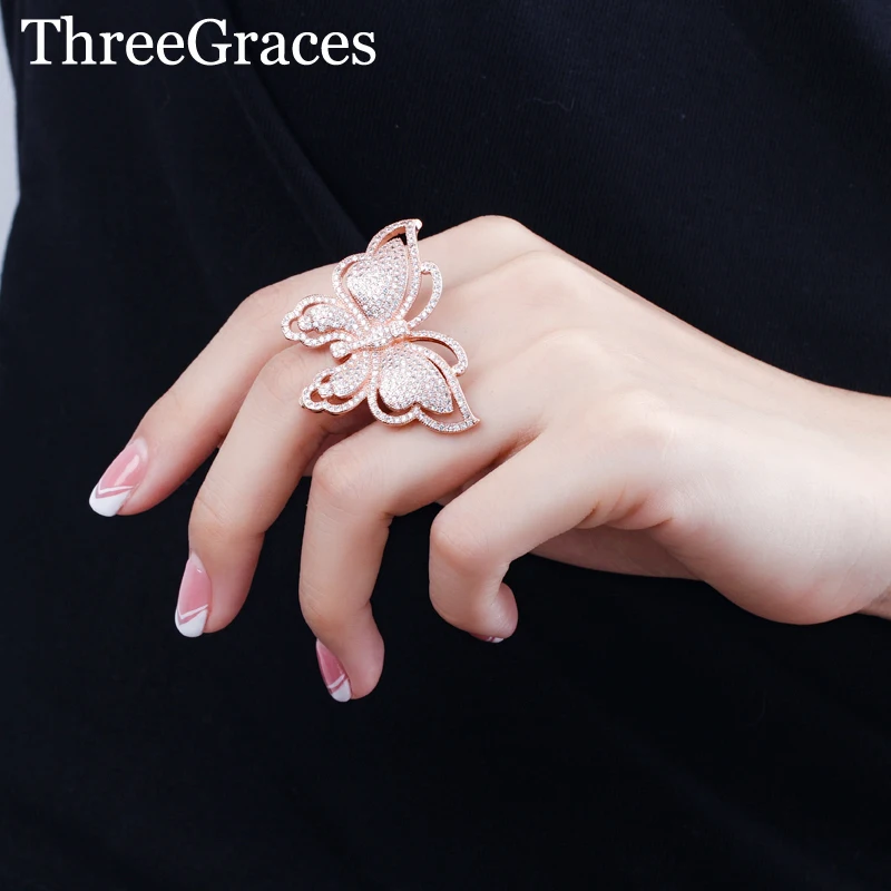 

ThreeGraces Luxury Rose Gold Color Ring AAA Cubic Zirconia Big Butterfly Shaped Finger Rings for Women Wedding Jewelry RG075