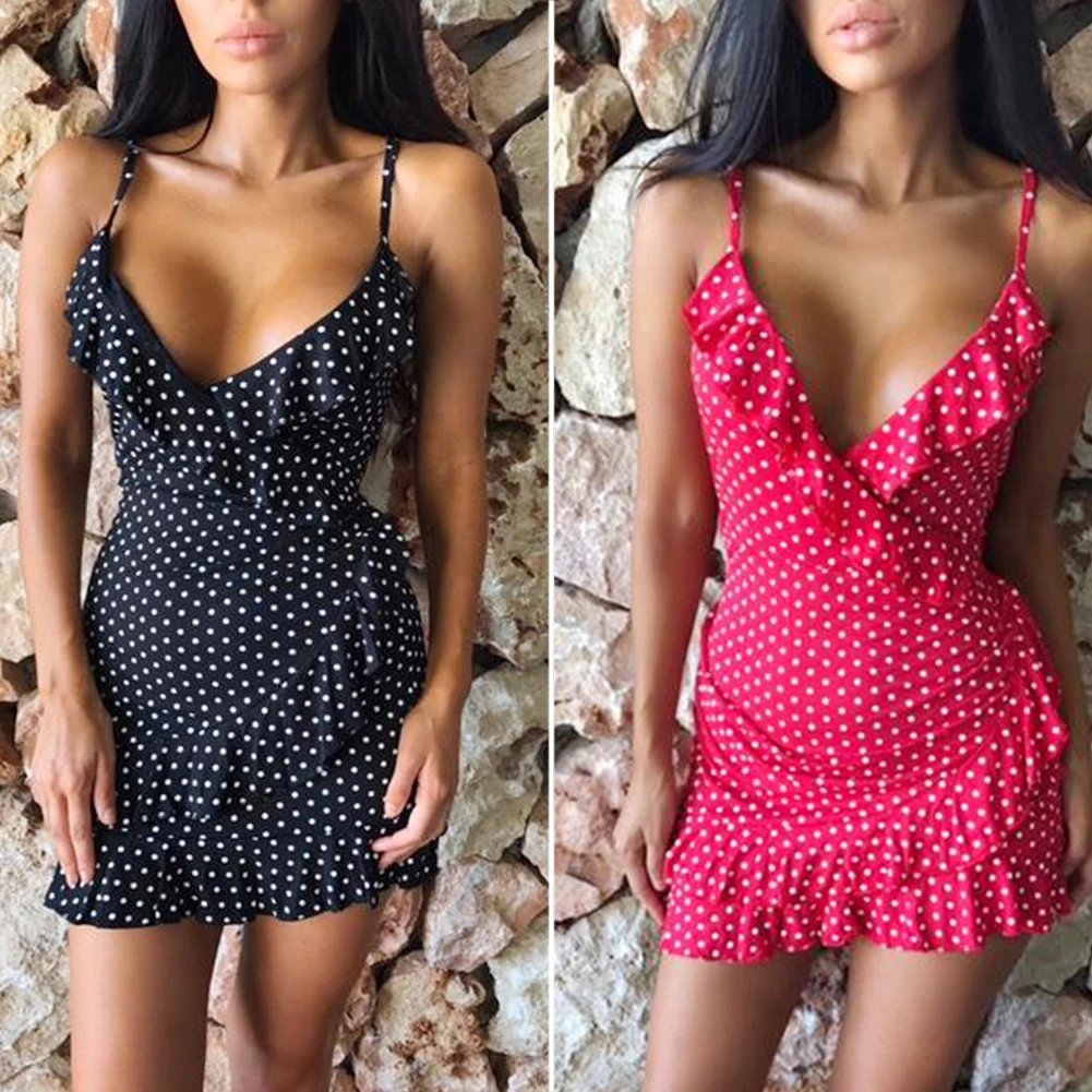 Рюшами Bodycon Лето V образным вырезом в горошек Strappy Пляжный пуловер Fabala|Женские