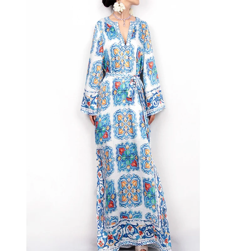EUROV 2018 New Arrival Sprng Women Dress Holiday Star Porcelain Beach Slit V-neck Beading Floor Length Dresses | Женская одежда