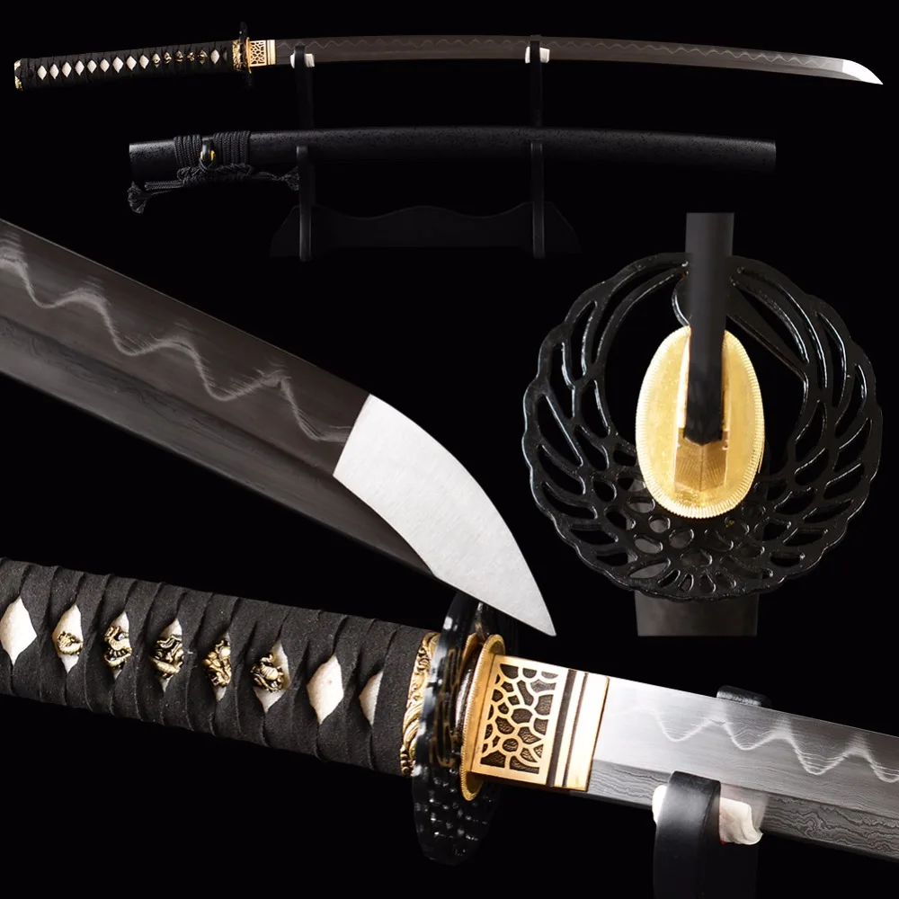 

Brandon Swords Handmade Katana Real Leather Handle Sharp Samurai Sword Damascus Steel Clay Tempered No Hi Blade Japanese Knife