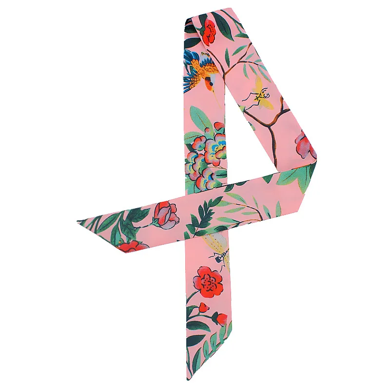 

Fashion Euro Flower Print Twill Silk Scarf For Women Luxury Brand Small Head Scarves Summer Handle Bag Ribbon For Hair