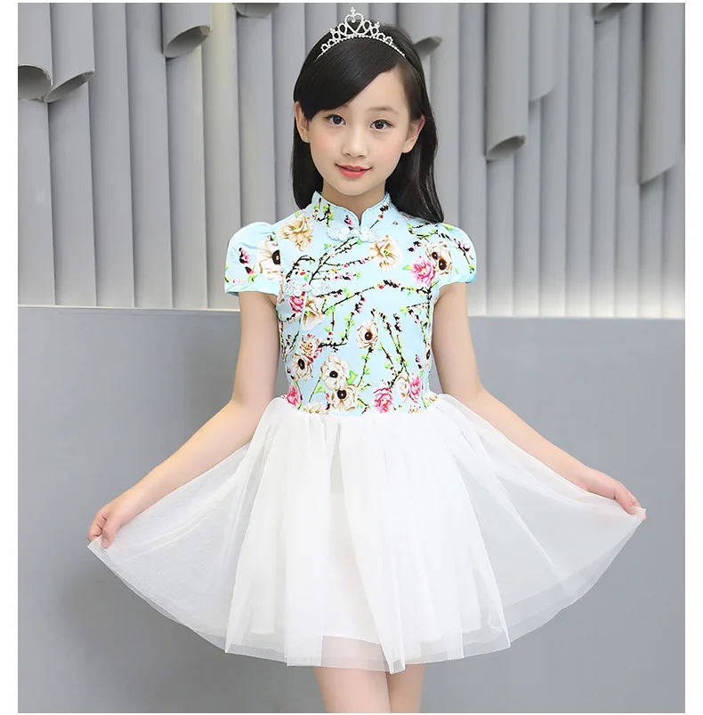 Cheongsam/платья для девочек Летние китайские платья с цветочным рисунком маленьких