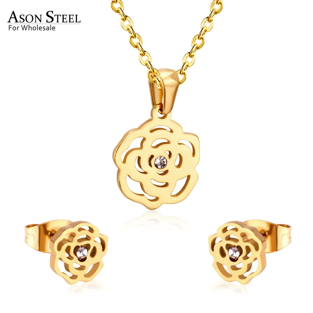 Gold ASONSTEEL Bridal Jewelry Sets Stainless Steel Gold/Silver Color Romantic Flower Shape Pendants Charm Chain Necklace Earring Sets - Окраска металла: Gold