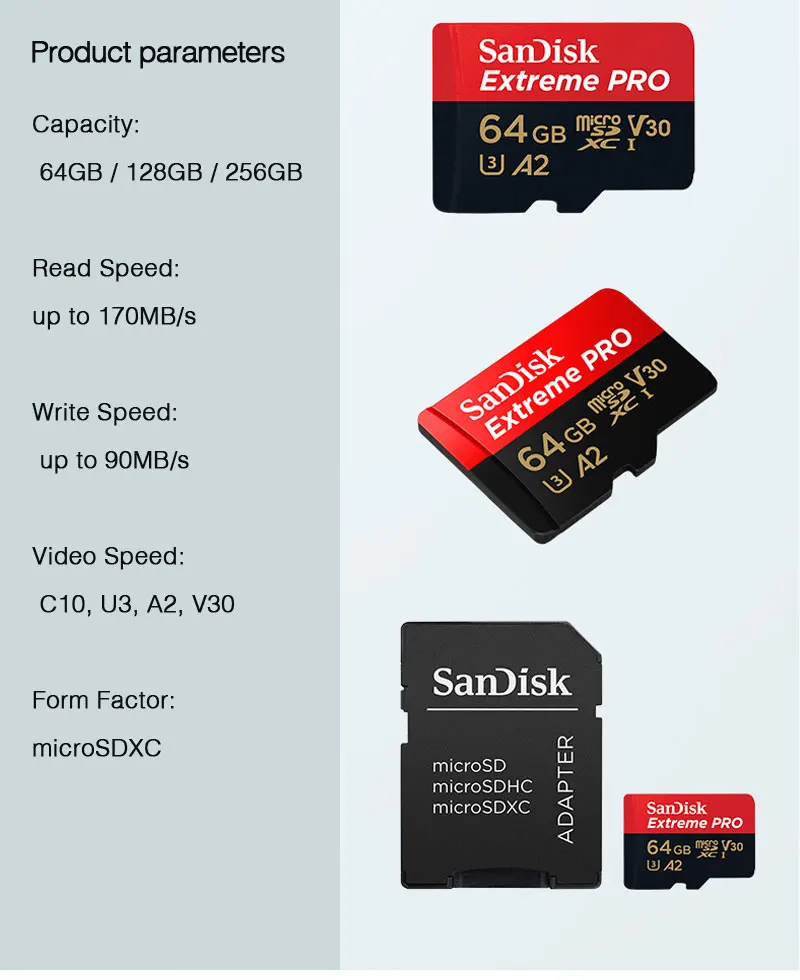 Двойной Флеш-накопитель SanDisk Micro SD, карта памяти, 64 ГБ 128 256GB MicroSD Max 170 МБ/с. Extreme PRO microSDXC UHS-I карты памяти, бесплатный адаптер