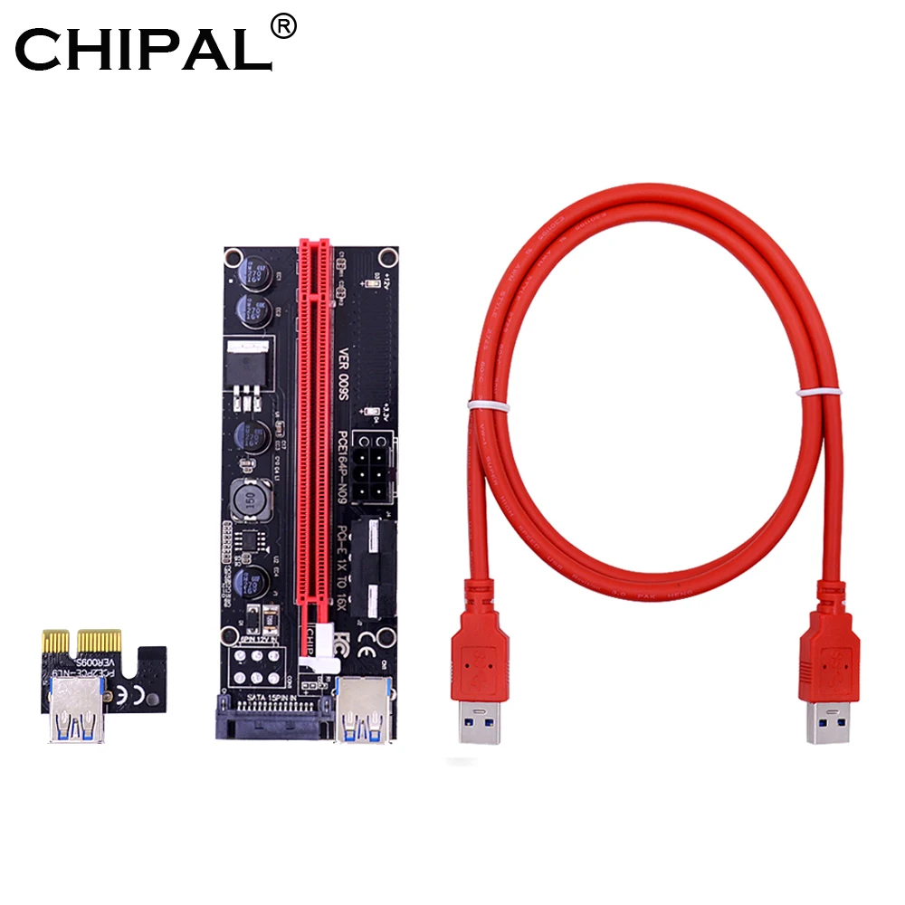 CHIPAL 10 шт. 1 м VER009S PCI-E Riser Card 009S PCIE PCI Express 1X к 16X удлинитель 4Pin 6Pin SATA Molex Power двойной