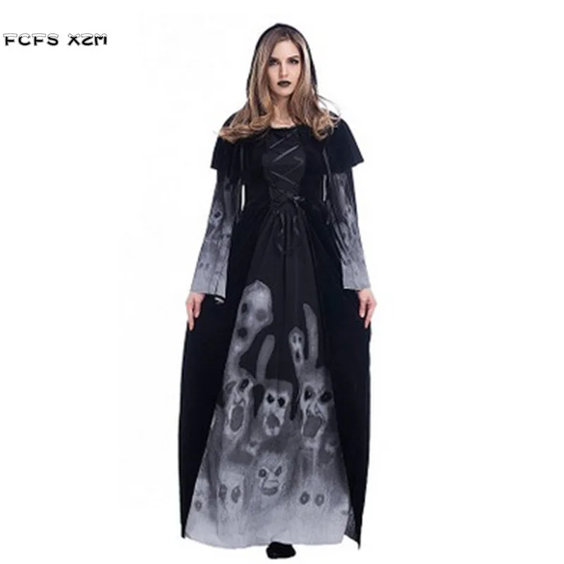 

Новинка, длинный костюм вампира с принтом скелета, Женский костюм ведьмы, женские костюмы на Хэллоуин, карнавальный маскарадный костюм, веч...