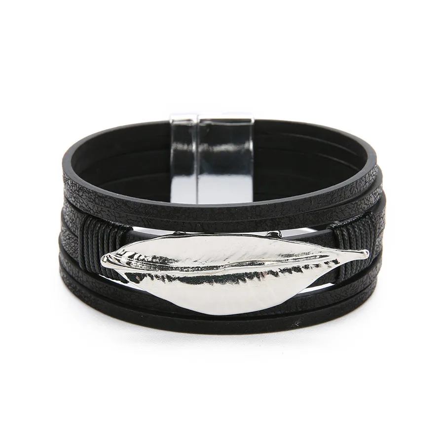 Ckysee Bohemian Multilayer Leaf Charm Bracelet For Women Vintage 2.5mm Wide Leather Wrap Bracelets Bangles Jewelry Gifts | Украшения и