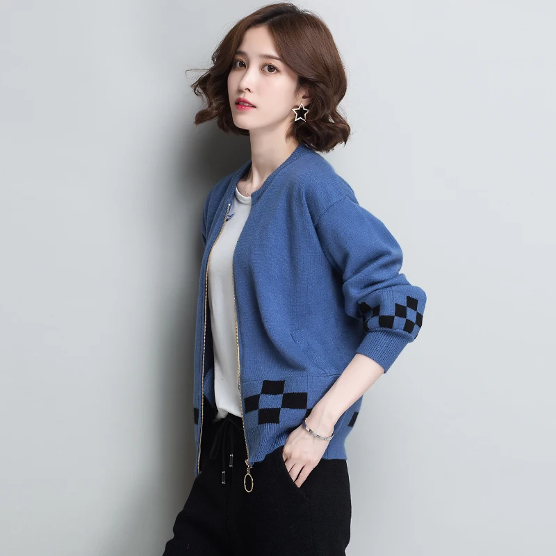 Женский кардиган в клетку трикотажное пальто с длинным рукавом и круглым вырезом